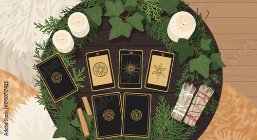 Tarot reading setup with candles, greenery, and incense sticks on wood