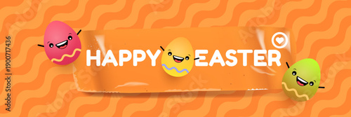 Happy Easter Bright orange horizontal header with text and friendly egg mascot character. Trendy seasonal banner for website backgrounds, social media promotions, and retail shop advertisements.