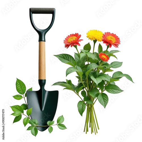 A vibrant garden scene featuring a shovel and a variety of colorful flowers. isolated on transparent background