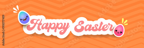 Happy Easter Bright orange horizontal header with text and friendly egg mascot character. Trendy seasonal banner for website backgrounds, social media promotions, and retail shop advertisements.