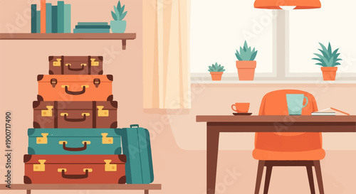 Stacked suitcases near a window with plants and a desk