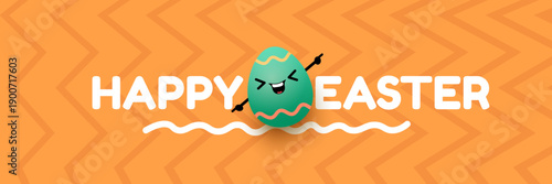 Happy Easter Bright orange horizontal header with text and friendly egg mascot character. Trendy seasonal banner for website backgrounds, social media promotions, and retail shop advertisements.