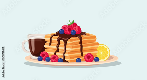 Stacked golden waffles with chocolate, berries, lemon, and coffee