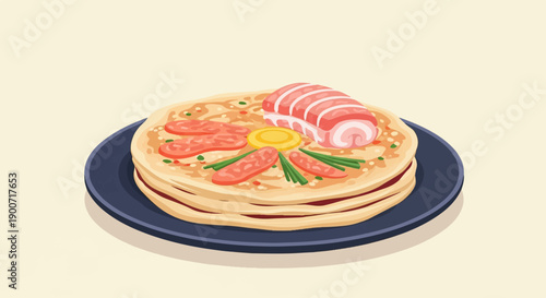 Stacked pancakes with savory toppings like meat slices, egg yolk, and greens