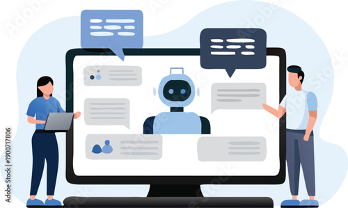 Vector illustration of people interacting with a large computer screen displaying a chatbot or virtual assistant for website, app, or presentation, isolated on white background