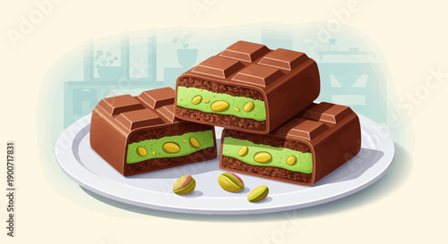 Stacked chocolate bars with green pistachio filling on white plate, dessert