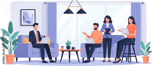 Team collaborating on laptops in a bright, modern office lounge