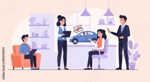 People in office discussing car options with digital devices and car display