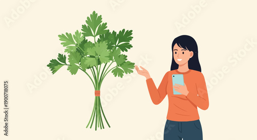 Person holding a smartphone near a bunch of parsley