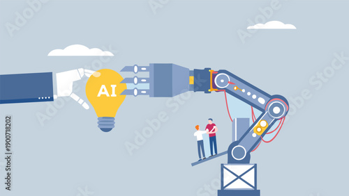 Vector illustration of robotic arm and human hand exchanging ideas with lightbulb labeled AI, for technology or innovation concept, banner or poster