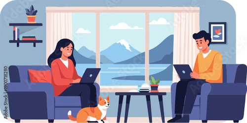 People working on laptops in a cozy room with a scenic mountain and lake view