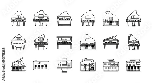 A collection of various piano and keyboard musical instrument icons in a minimalist line art style.
