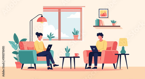 People working on laptops in a cozy living room with plants and a window