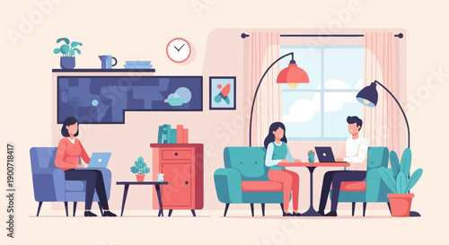 People working on laptops in a cozy room with plants and decor