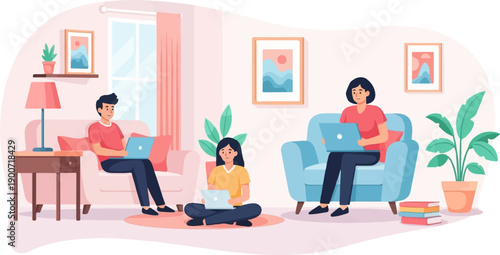 People working on laptops in a cozy living room with plants and art