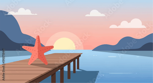 Starfish on a dock at sunset over the water with mountains