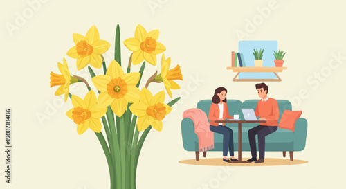Spring daffodils bloom beside a couple relaxing on a couch