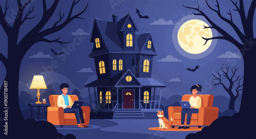 Spooky mansion under full moon with people working on laptops and a dog