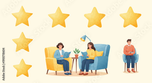 People reading books in cozy chairs surrounded by stars