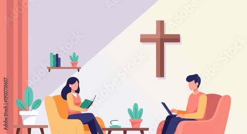 People reading and working on laptops near a cross