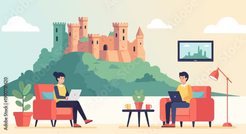 People working on laptops in a living room with a castle view