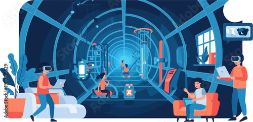 People in VR headsets interacting with technology in a futuristic environment