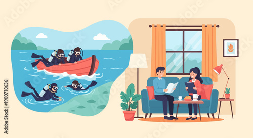 Split scene divers prepare for diving and couple relax indoors