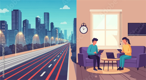 Split scene cityscape with road contrasts with people working indoors on laptops and tablets