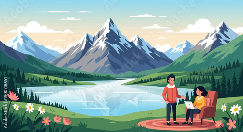 Serene mountain lake landscape with a couple enjoying nature