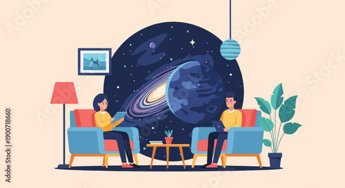 People relax at home, engrossed in devices against a cosmic backdrop