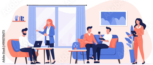 Team collaboration in a modern office space with people working and conversing