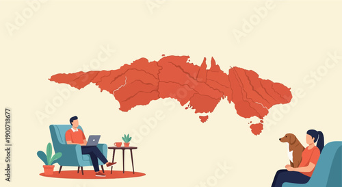 People relax at home with a pet and laptop under a map of Australia