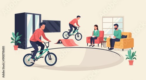People indoors enjoy BMX biking and relaxing with a ramp and ramps