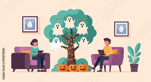 People relax at home with Halloween decorations