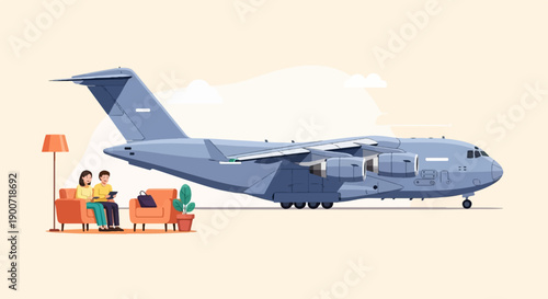 People relax at home near a large cargo plane on the tarmac