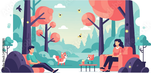 People relax in a stylized forest with fireflies and cute animals
