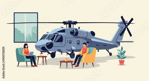 People relax in chairs near a helicopter inside a room with a window view