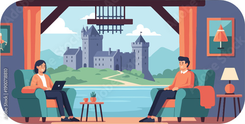 People relax in armchairs looking out at a castle and lake