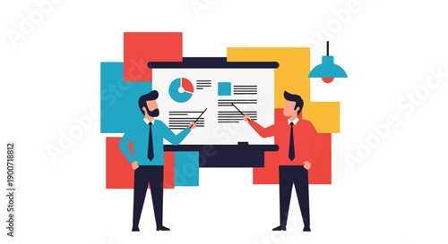 Two businessmen presenting a business plan on a whiteboard with colorful geometric shapes