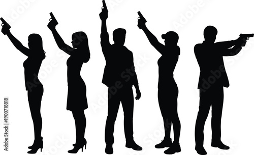 Armed people holding guns silhouette set, security and crime concept characters, weapon gesture poses collection, flat vector illustration