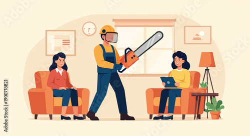 People relax in living room, worker arrives with chainsaw
