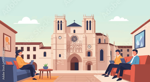 People relax in front of a grand cathedral, using laptops