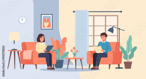 People relax in cozy living room with plants and technology