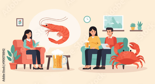 People relax indoors, enjoying beverages and dreaming of seafood