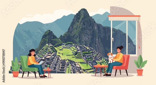 People relax indoors enjoying a view of an ancient mountain city and lush green terraced fields