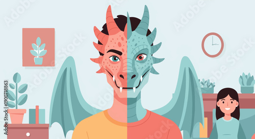 Split personality human face merging into a dragon, with wings and a woman watching