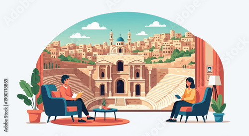 People relax indoors overlooking ancient city and amphitheater