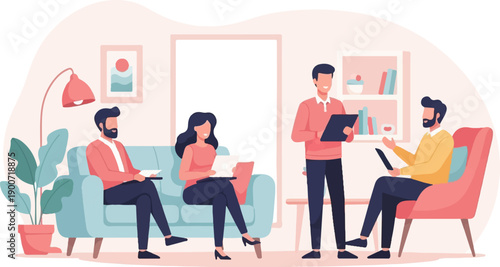 Team meeting in a modern, comfortable office setting with diverse individuals