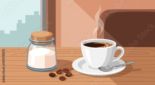 Steaming coffee cup, sugar jar, and beans on wooden table by window