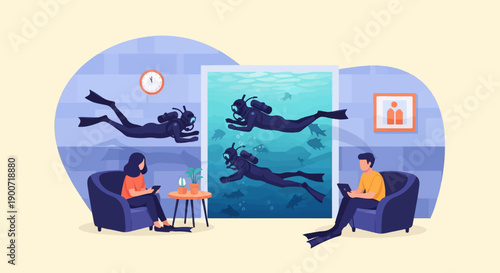 People relax indoors viewing scuba divers and marine life on a large screen